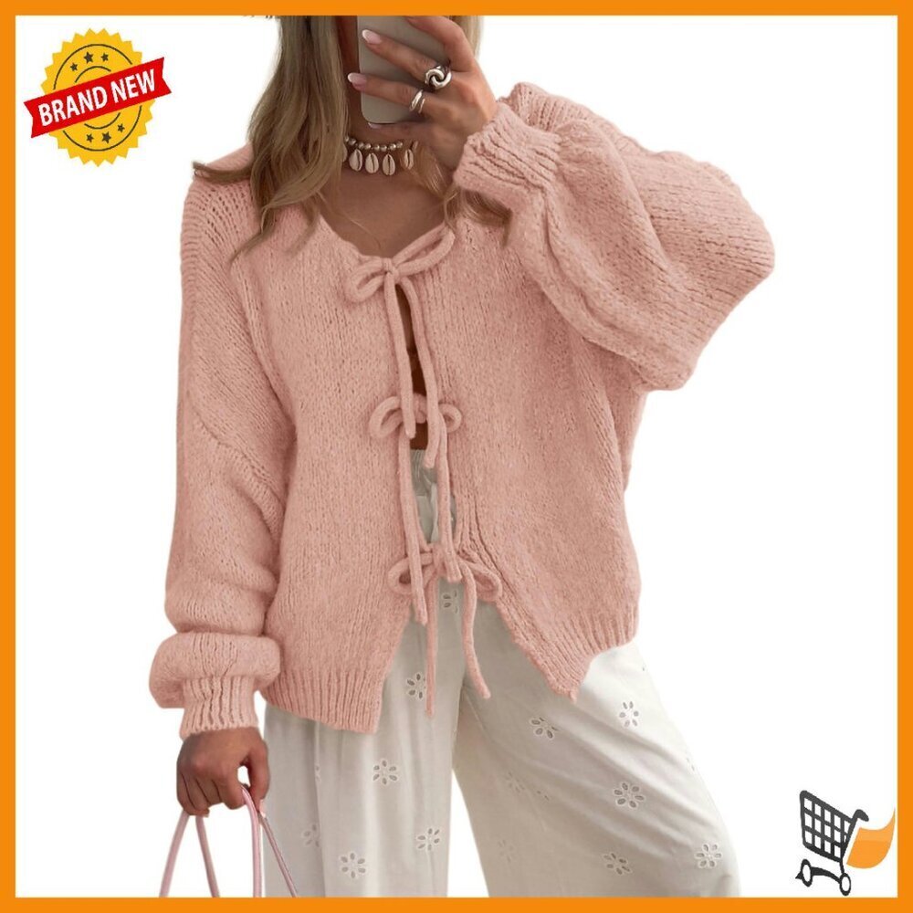 Chunky Knit Cardigan with Puff Sleeves and Tie Front - Women's Sweater